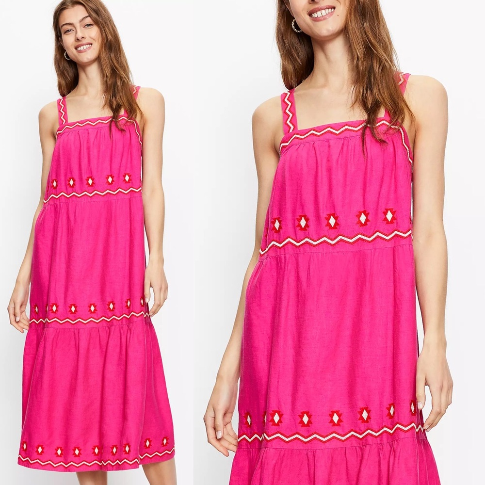 LOFT Linen Blend Embroidered Tiered Square Neck Midi Dress in Hot Pink Sz Large